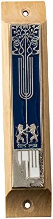 Halamit Mezuzah Door Talisman with Blue Enamel and Olive Wood