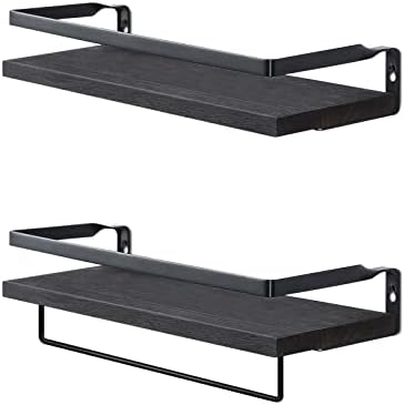 Floating Shelves for Wall Set of 2 Black with Towel Bar