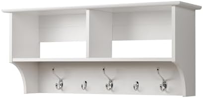 Prepac 36 Inch White Wall Mounted Coat Rack with 2 Shelves