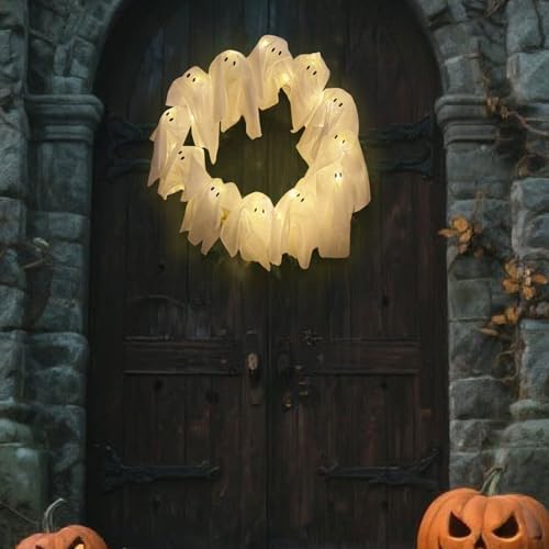 Spooky Light-Up Ghost Wreath for Front Door