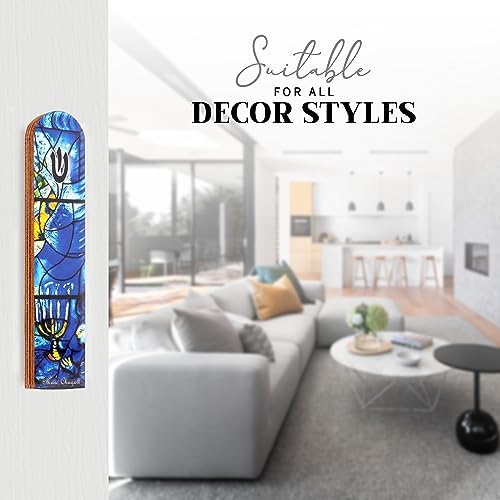 SURI Wooden Mezuzah with Blue Scroll 5 Inch Decorative Door Ornament