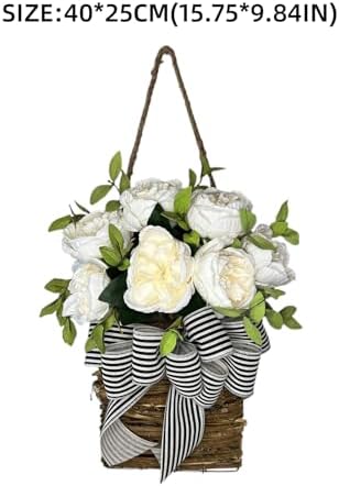 White Hydrangea Door Wreath with Basket Hanger Welcome Sign