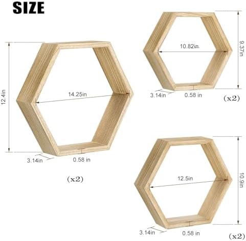 Set of 6 Wooden Hexagon Floating Shelves for Home Decor