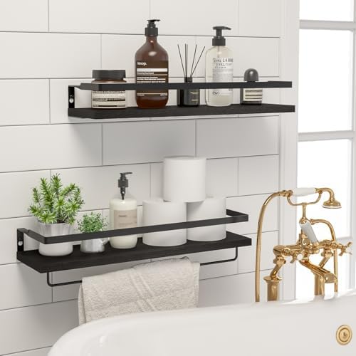 Floating Shelves for Wall Set of 2 Black with Towel Bar