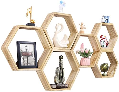 Set of 6 Wooden Hexagon Floating Shelves for Home Decor