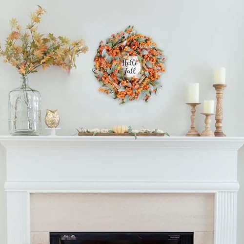 Bibelot Fall Wreaths 22 Inch Lambs Ears Leaves Yellow Flowers Hello Fall Sign Front Door Porch Farmhouse Decor