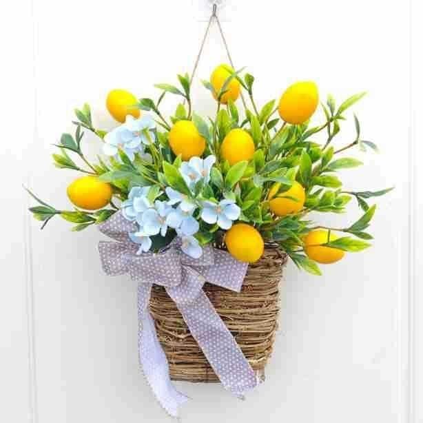 153inch Lemon Door Wreath with Blue Flowers and Polka Dot Bow