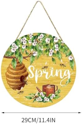 Spring Door Sign 114 Inch Round Wooden Decorative Wreath with Bees Nectar Scene Farmhouse Porch Decor