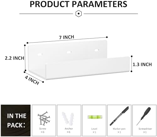 7 Inches White Acrylic Wall Display Shelves 2 Pack U Shape