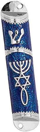 Enamel Door Mezuzah Scroll Case Blue with Silver