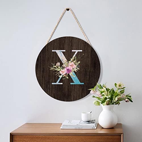 Farmhouse Front Door Hanger Blue Marble Floral Initial Letter X Wood Sign