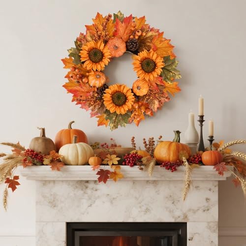 Fall Wreath Front Door 19 Inch Autumn Decor
