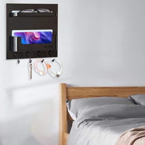 EHKIT Updated Bedside Shelf Wall Mount Phone Holder Organizer 4 Hooks