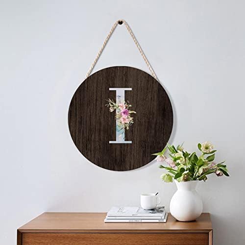 Farmhouse Door Hanger Blue Marble Floral Initial Letter I Wood Sign