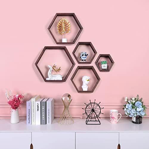 PHOENANCEE Hexagon Floating Shelves Set of 5 Driftwood Finish