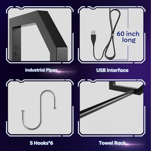 Bestier LED Gaming Floating Shelf with 6 S-Hooks Black Carbon Fiber