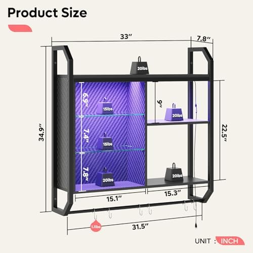Bestier LED Gaming Floating Shelf with 6 S-Hooks Black Carbon Fiber
