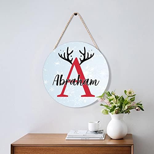 Personalized Farmhouse Door Hanger with Christmas Antlers Alphabet A Wood Sign for Kids Girls Women 10x10in
