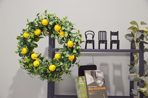 Mr Bom 15 Inch Artificial Lemon Wreath with Boxwood for Front Door