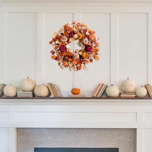 24 Inch Fall Eucalyptus Velvet Pumpkin Wreath for Front Door