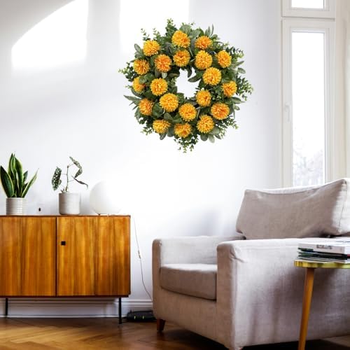 20 Inch Spring Wreath with Orange Flowers and Greenery for Front Door Decor