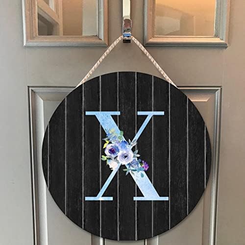 Farmhouse Front Door Hanger Watercolor Blue Floral Letter X Wood Sign