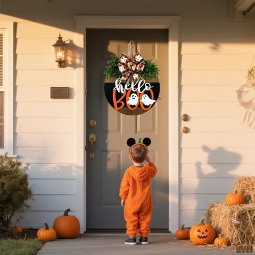 Halloween Door Wreath with Ghost Welcome Sign