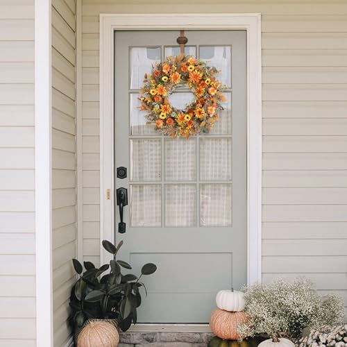 TEMPUS 22 Inch Fall Wreath with Yellow Daisies and Green Leaves - Artificial Wreath for Front Door Thanksgiving Decor