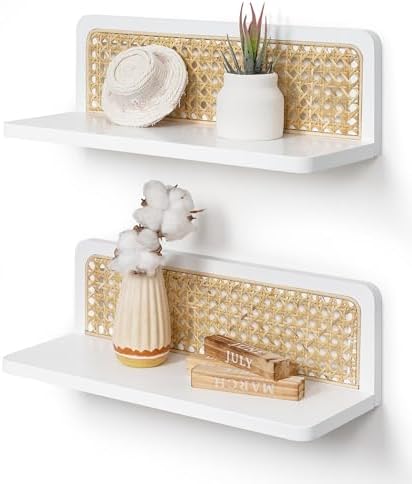 Mazjoaru Rattan Wall Shelf Set of 2 Handmade Floating Shelves for Living Room and Bedroom