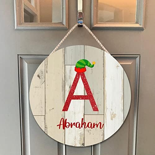 Farmhouse Door Hanger with Christmas Elf Hat Initial Wood Sign