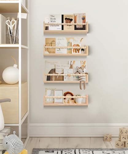 Nursery Book Shelves Set of 4 Natural Wood Floating Shelves for Wall