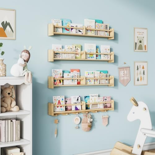 34 Inch Floating Bookshelf with 6 Hooks and Storage