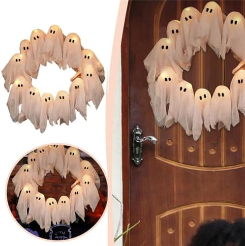 LED Light-Up Halloween Ghost Wreath for Door