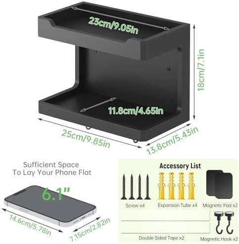 NiHome Large Wall Mounted Wooden Bedside Organizer with Magnetic Hooks - Black