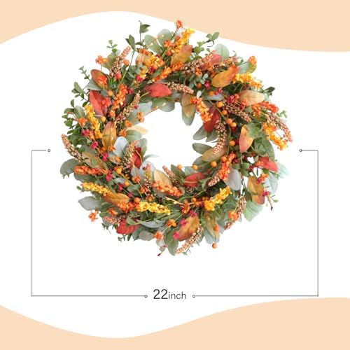 TEMPUS 22 Inch Artificial Fall Wreath for Front Door