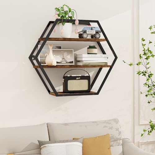 Hexagon Floating Shelves Decorative Wall Shelf Rustic Brown Black