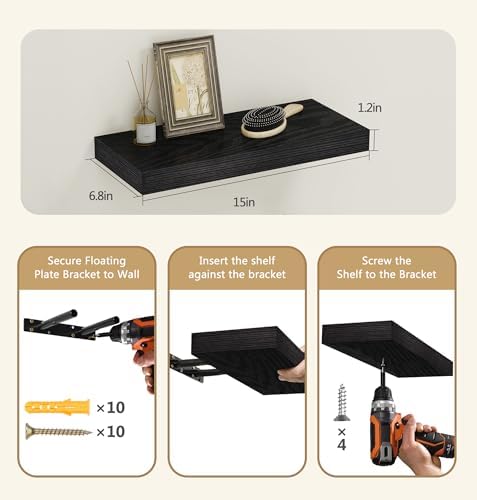 Vervida Floating Shelves Set of 3 Black 15 Inch Wall Mount