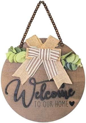 INTERHOMART 12 Inch Round Wood Welcome Wreath Front Door Decor