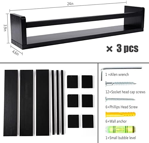 AZSKY Classic Black Wooden Floating Shelves Set of 3