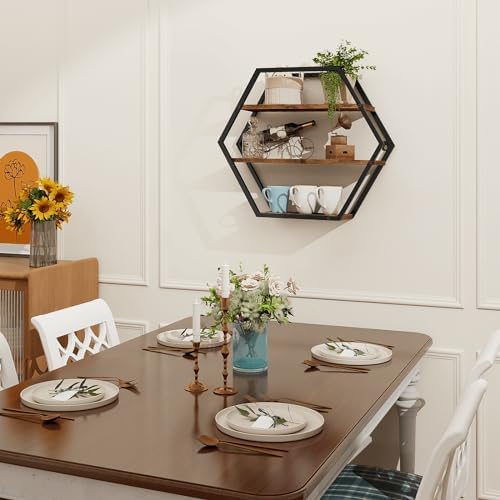 Hexagon Floating Shelves Decorative Wall Shelf Rustic Brown Black