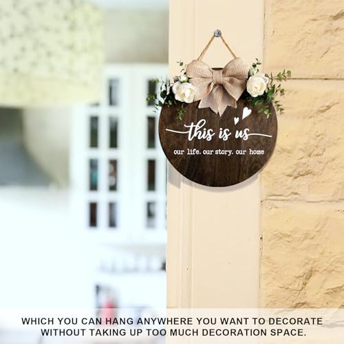 This is Us Welcome Sign Rustic Round Wood Door Decor with Ribbon Bow and Artificial Greenery