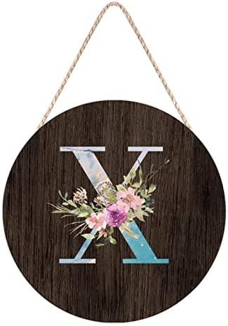 Farmhouse Front Door Hanger Blue Marble Floral Initial Letter X Wood Sign