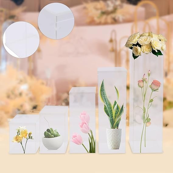 5 Pcs Clear Acrylic Pedestal Riser Display Boxes for Wedding and Exhibition Decor