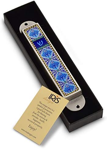 AJDesign Iris Collection Handcrafted Pewter Enamel Beaded Mezuzah Case Blue Flowers