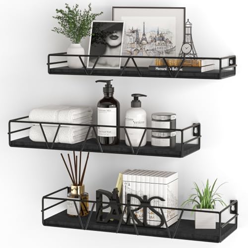 Set of 3 Floating Shelves Black Modern Wall Mount