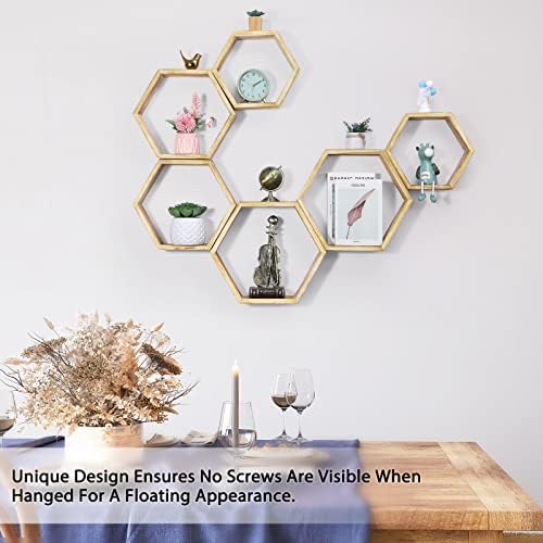Set of 6 Wooden Hexagon Floating Shelves for Home Decor