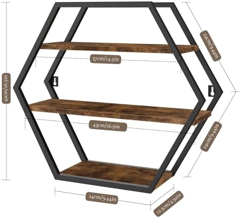 Hexagon Floating Shelves Decorative Wall Shelf Rustic Brown Black