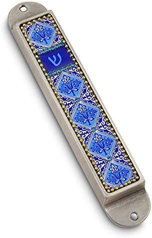 AJDesign Iris Collection Handcrafted Pewter Enamel Beaded Mezuzah Case Blue Flowers