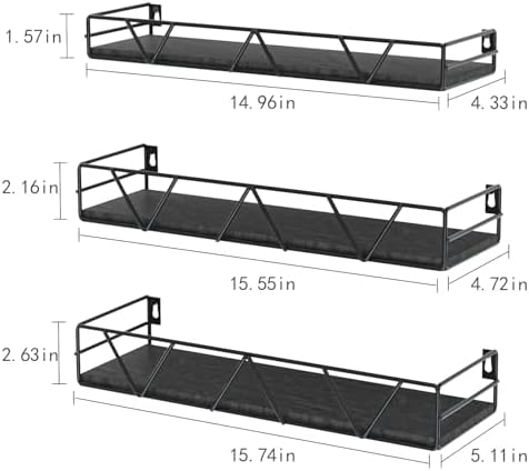 Set of 3 Floating Shelves Black Modern Wall Mount