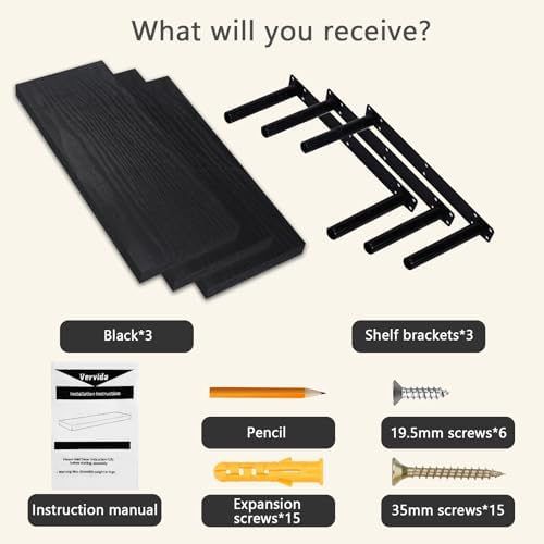 Vervida Floating Shelves Set of 3 Black 15 Inch Wall Mount